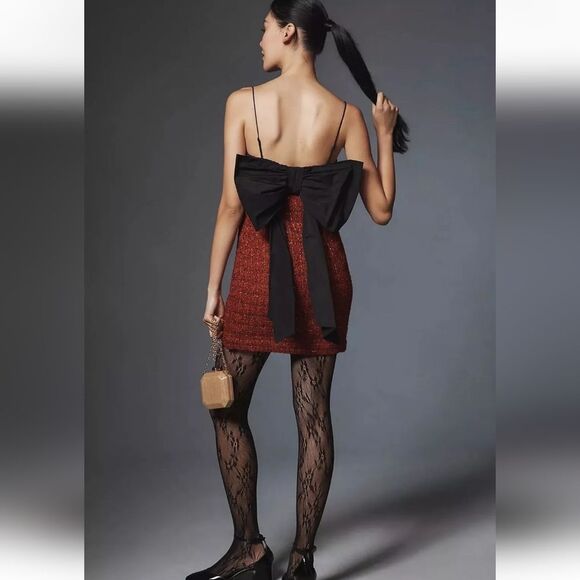 Maeve Bow Square Neck Tweed Strappy Mini Dress Red Black Women's Size Large - Picture 2 of 16